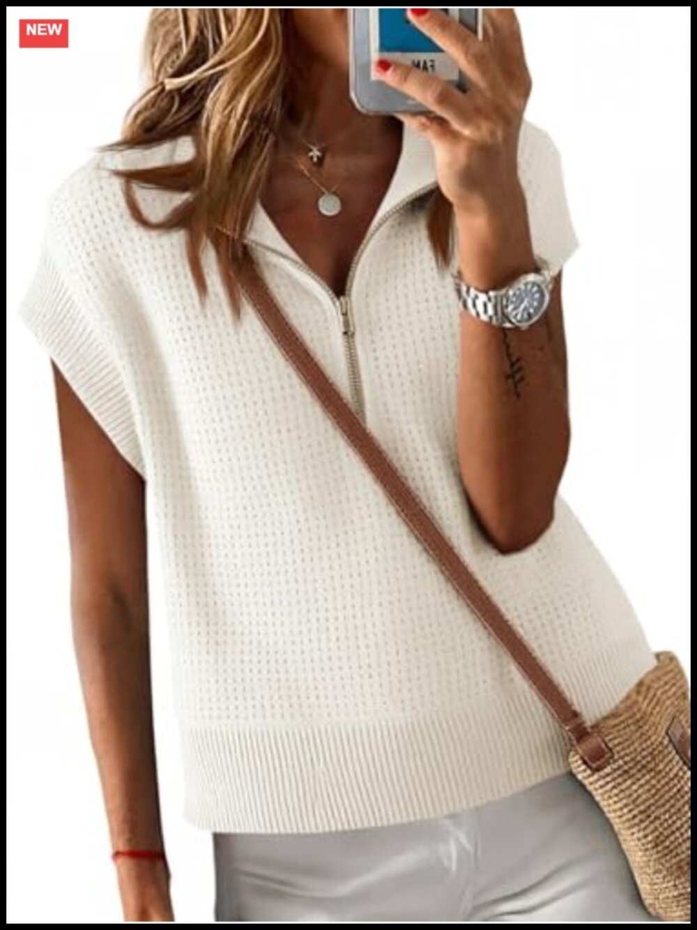 Women's Cropped Knit Sweater Half Zip Cap Sleeve Oversized Lightweight Top